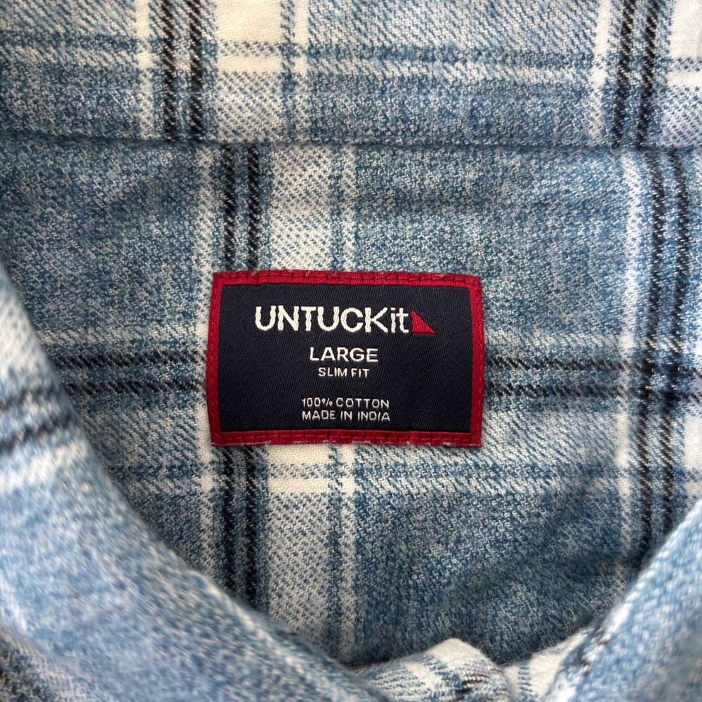 UNTUCKit Mens Large Slim Fit Blue Plaid Cotton Flannel Button Down Shirt - Picture 3 of 8